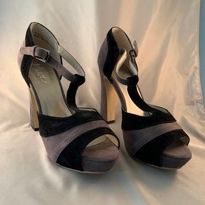Black and Gray Suede Heels with Flair Heel